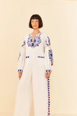 Farm Rio Off-White Navy Embroidered Jumpsuit