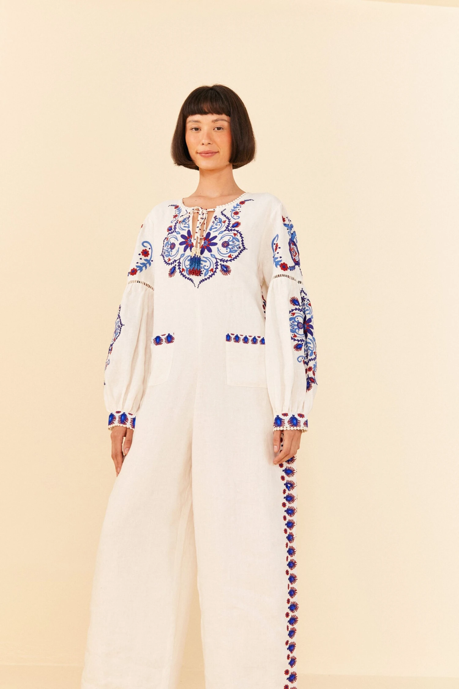 Farm Rio Off-White Navy Embroidered Jumpsuit 1 Farm Rio Off-White Navy Embroidered Jumpsuit