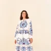 Farm Rio Off-White Navy Embroidered Midi Dress
