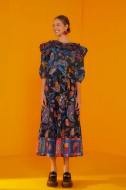 Farm Rio Black Sunset Tapestry Organic Cotton Midi Skirt