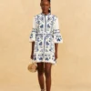 Farm Rio Blue And White Cross Stitch Mini Dress