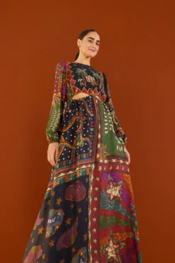 Farm Rio Shiny Mixed Scarves Cut Out Midi Dress