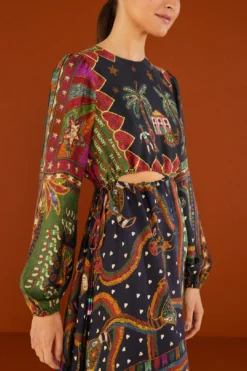Farm Rio Shiny Mixed Scarves Cut Out Midi Dress -Farm Rio Shop 303802 03 1