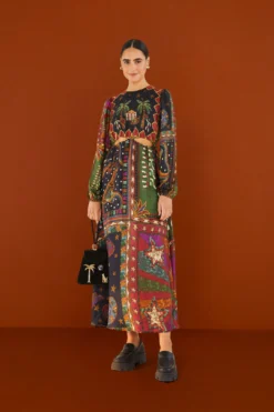 Farm Rio Shiny Mixed Scarves Cut Out Midi Dress -Farm Rio Shop 303802 04 1