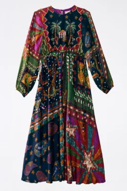 Farm Rio Shiny Mixed Scarves Cut Out Midi Dress -Farm Rio Shop 303802 07