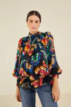 Farm Rio Black Chevron Forest Blouse
