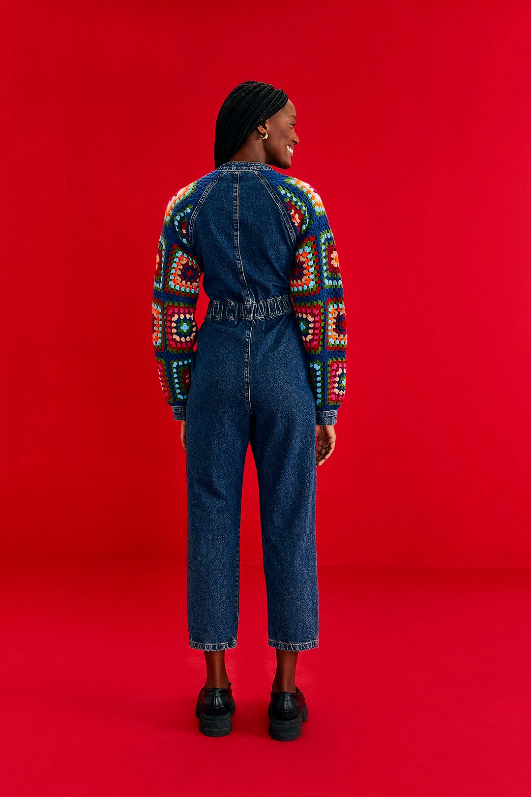 Farm Rio Crochet Squares Denim Jumpsuit 2 Farm Rio Crochet Squares Denim Jumpsuit - Image 2