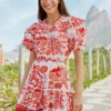 Farm Rio Off-White Rio Tiles Puff Sleeve Mini Dress