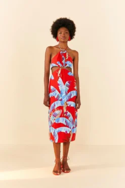 Farm Rio Red Sweet Jungle Cut Out Midi Dress