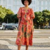 Farm Rio Orange Blooming Garden Midi Dress