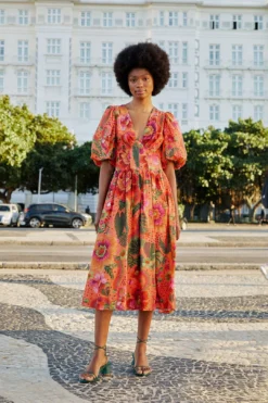 Farm Rio Orange Blooming Garden Midi Dress
