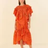 Farm Rio Orange Palm Tree Richelieu Midi Skirt