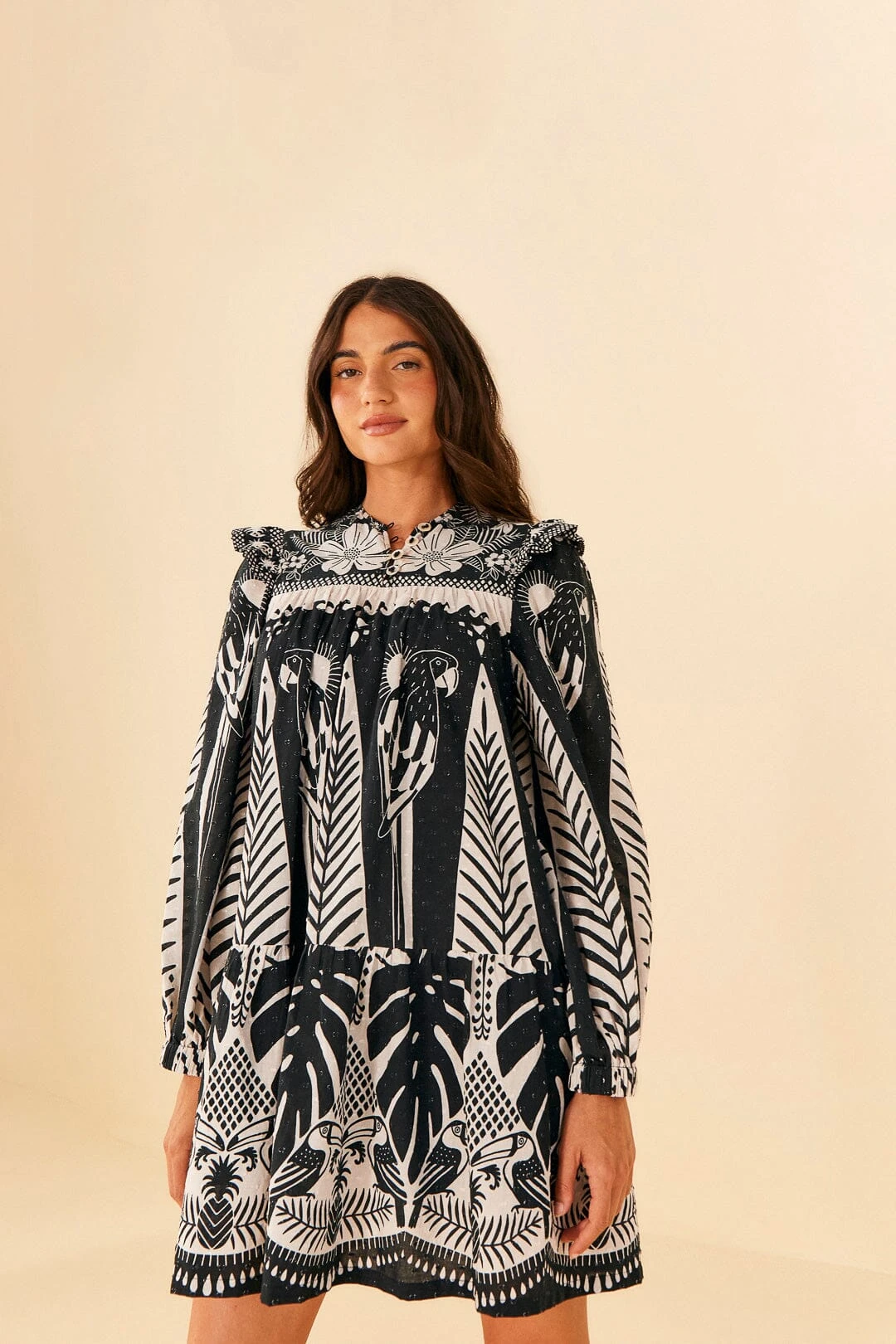 Farm Rio Black Macaw Elegance Long Sleeve Mini Dress 1 Farm Rio Black Macaw Elegance Long Sleeve Mini Dress