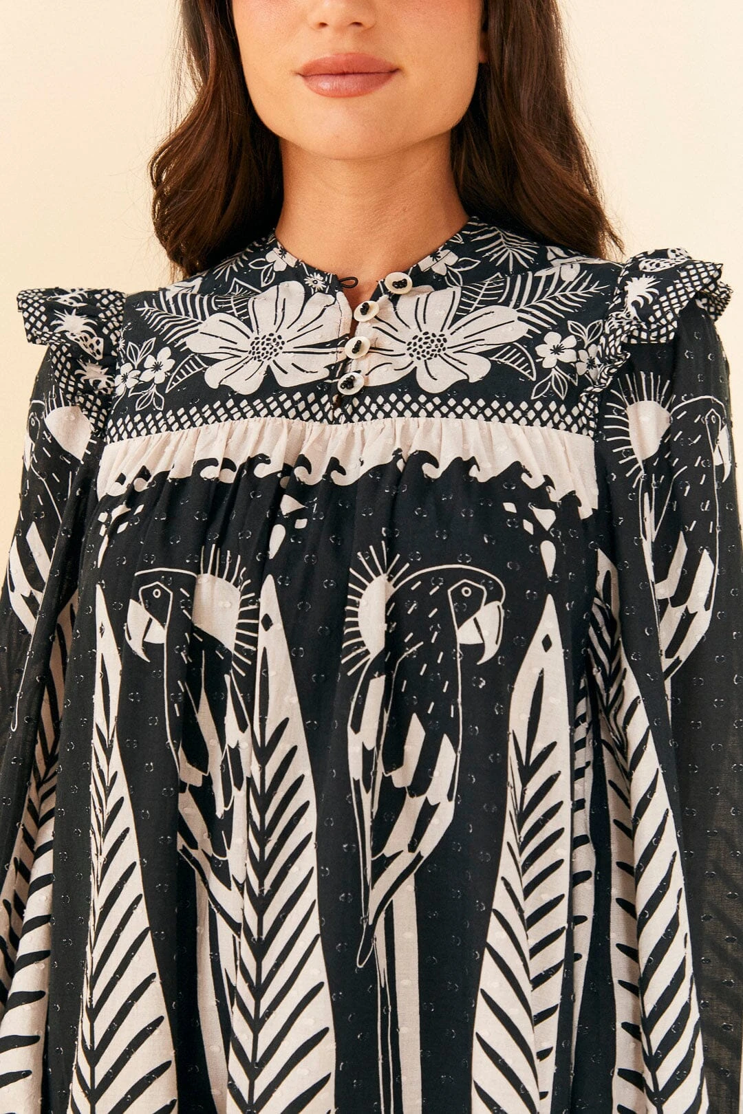 Farm Rio Black Macaw Elegance Long Sleeve Mini Dress 3 Farm Rio Black Macaw Elegance Long Sleeve Mini Dress - Image 3