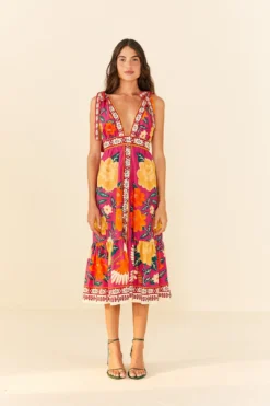 Farm Rio Pink Flower Tapestry Midi Dress