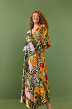 Mixed Striped Bananas Maxi Wrap Dress 8 Mixed Striped Bananas Maxi Wrap Dress -Farm Rio Shop 306207 03