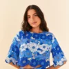 Farm Rio Blue Flower Stripes Crop Top
