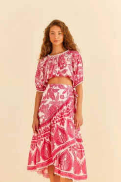 Farm Rio Pink Tropical Woodcut Midi Skirt