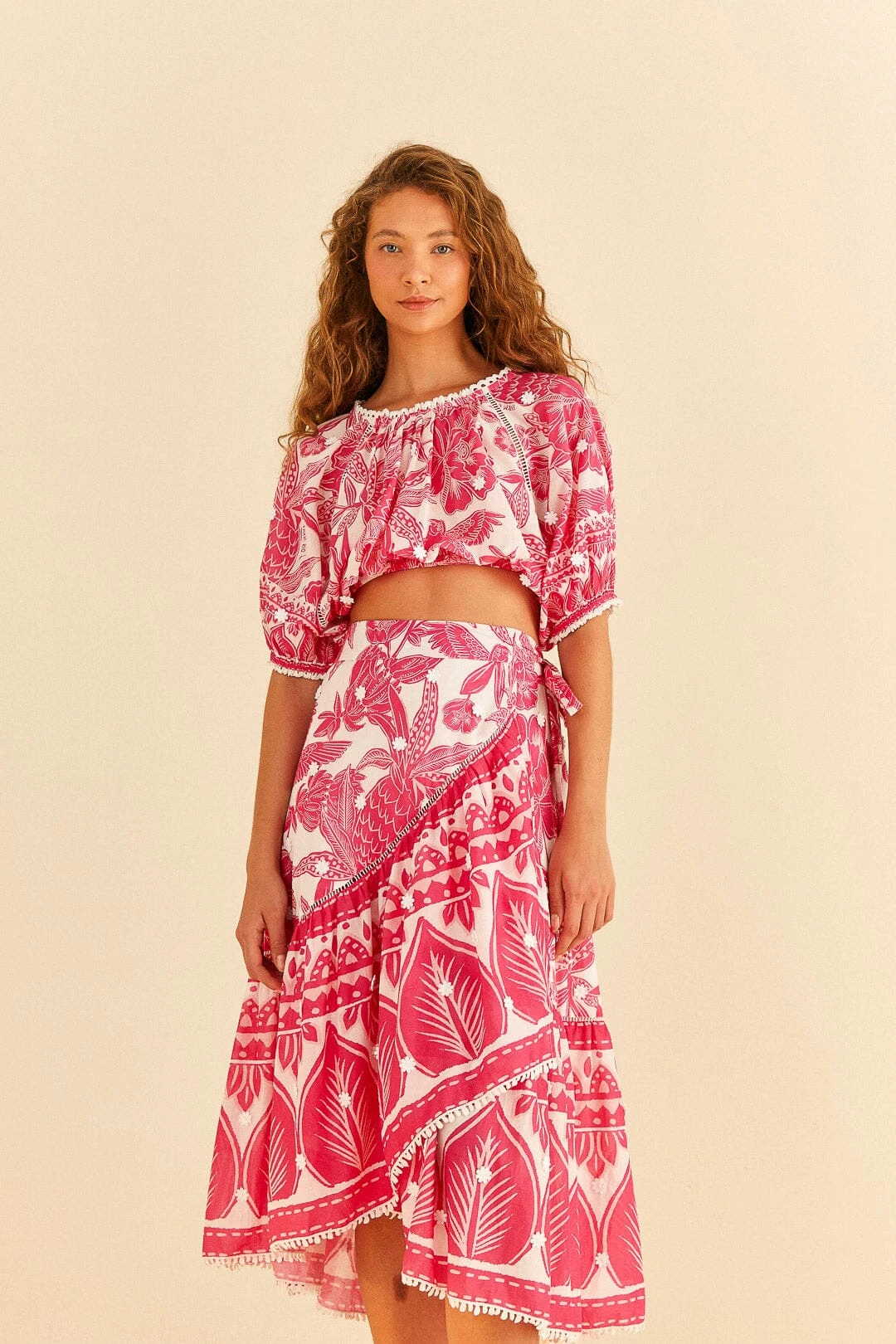 Farm Rio Pink Tropical Woodcut Midi Skirt 1 Farm Rio Pink Tropical Woodcut Midi Skirt