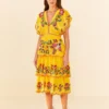 Farm Rio Yellow Embroidered Richelieu Midi Dress
