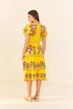 Farm Rio Yellow Embroidered Richelieu Midi Dress -Farm Rio Shop 306329 03