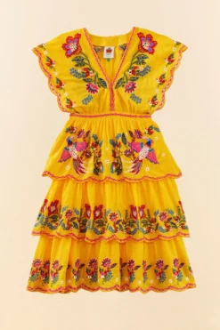 Farm Rio Yellow Embroidered Richelieu Midi Dress -Farm Rio Shop 306329 05