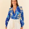 Farm Rio Blue Tropical Groove Blouse
