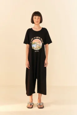 Farm Rio Black Have A Nice Trip Organic Cotton Jumpsuit
