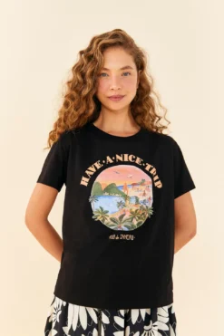 Farm Rio Black Have A Nice Trip Organic Cotton T-Shirt