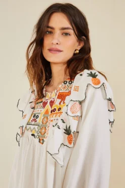 Farm Rio White Embroidered Fall Leaf Blouse -Farm Rio Shop 309103 03