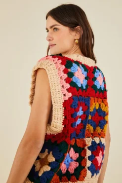 Farm Rio Multicolor Patchwork Crochet Vest
