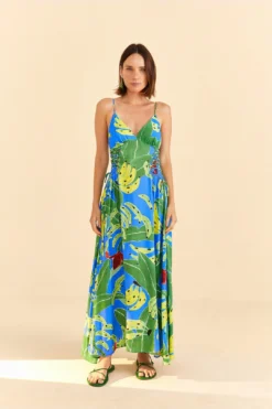 Farm Rio Blue Banana Leaves Sleeveless Maxi Dress