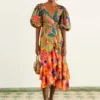 Farm Rio Coral Mixed Graphic Macaws Puff Sleeve Midi Dress