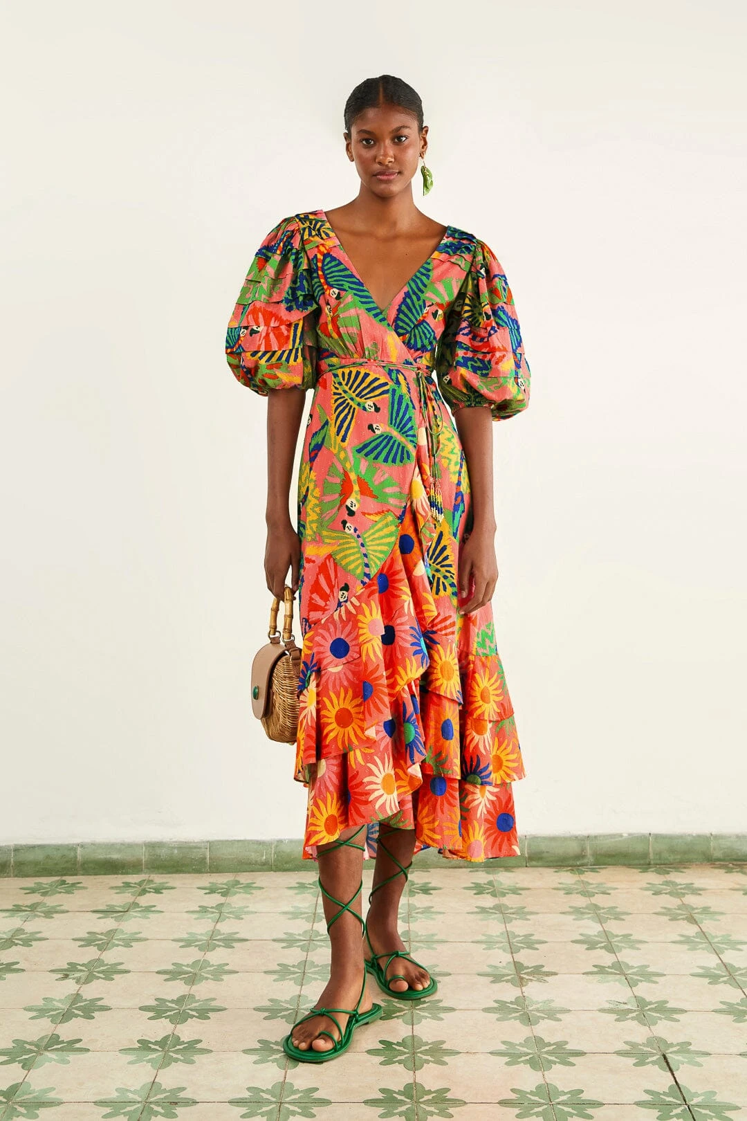 Farm Rio Coral Mixed Graphic Macaws Puff Sleeve Midi Dress 1 Farm Rio Coral Mixed Graphic Macaws Puff Sleeve Midi Dress