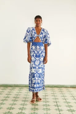 Farm Rio Navy Blue Jungle Scarf Midi Dress