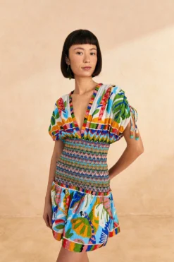 Farm Rio Colorful Forest V Neck Mini Dress