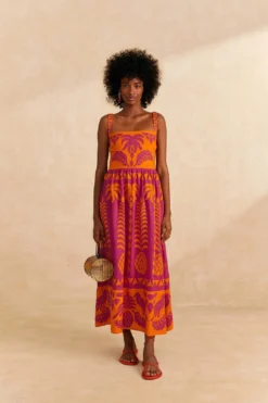 Farm Rio Orange Pineapple Love Cutwork Dress
