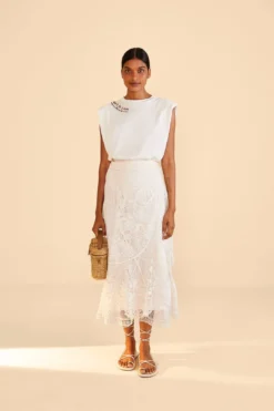 Farm Rio Off-White Guipire Midi Skirt