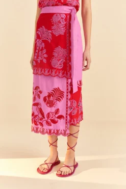 Farm Rio Red Palm Tree Richelieu Midi Skirt -Farm Rio Shop 309245 02