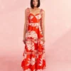 Farm Rio Red Lace Monsteras Midi Dress