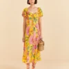 Farm Rio Yellow Macaw Bloom Puff-Sleeve Midi Dress