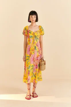 Farm Rio Yellow Macaw Bloom Puff-Sleeve Midi Dress