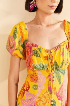 Farm Rio Yellow Macaw Bloom Puff-Sleeve Midi Dress -Farm Rio Shop 309293 03