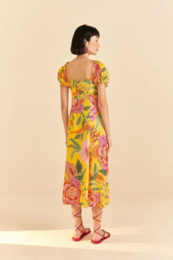 Farm Rio Yellow Macaw Bloom Puff-Sleeve Midi Dress -Farm Rio Shop 309293 04