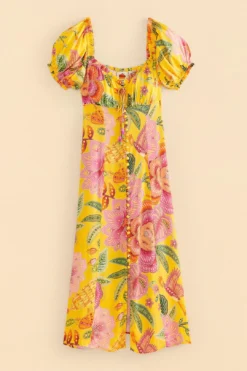 Farm Rio Yellow Macaw Bloom Puff-Sleeve Midi Dress -Farm Rio Shop 309293 06