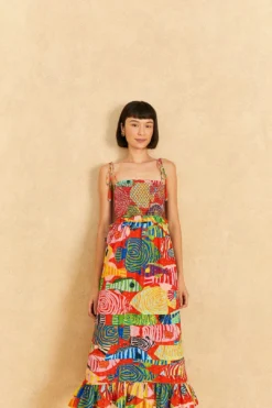 Farm Rio Red Striped Fishes Midi Dress