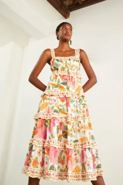 Farm Rio Off-White Macaw Bloom Midi Dress