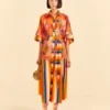 Farm Rio Coral Mixed Graphic Macaws Midi Dress