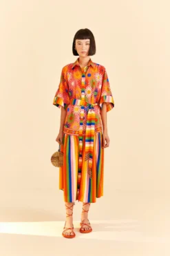 Farm Rio Coral Mixed Graphic Macaws Midi Dress