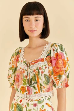 Farm Rio Off-White Macaw Bloom Blouse